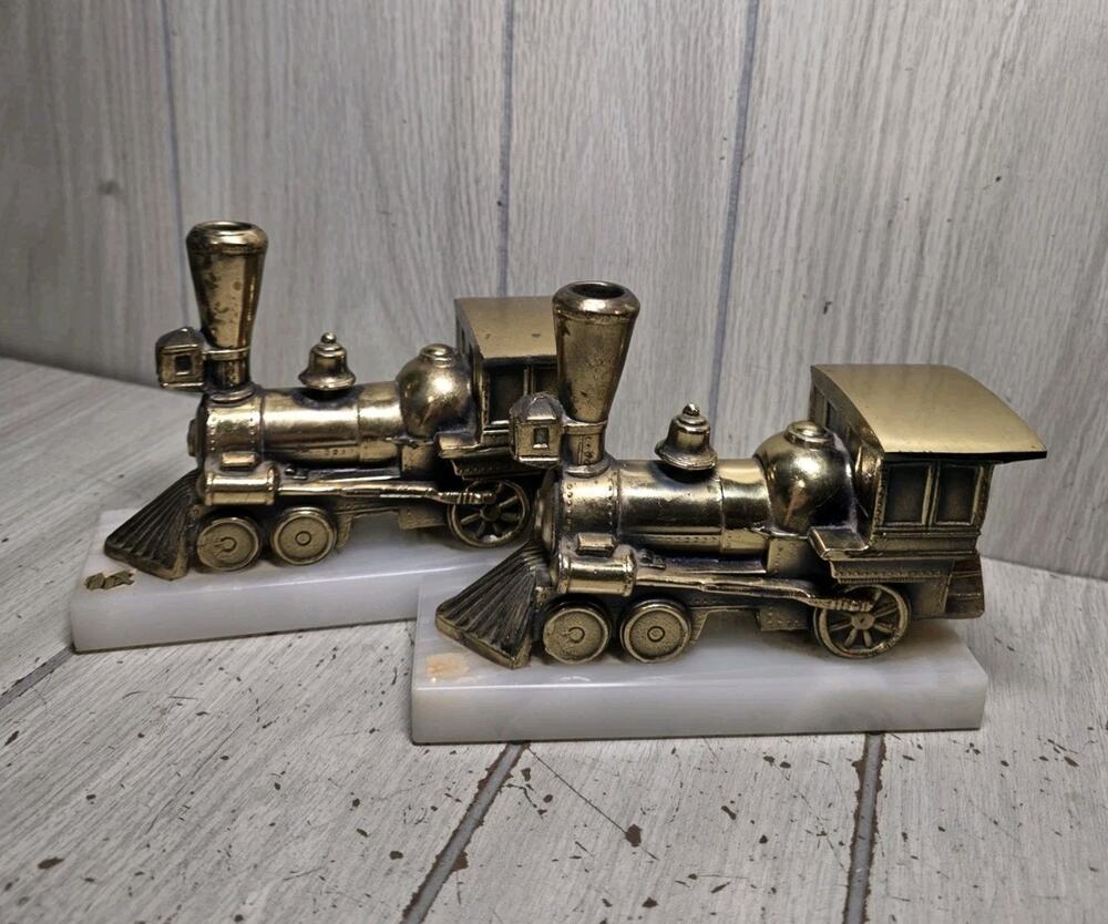 Vintage New Diamond Brass Steam Engine Train Marble Base Bookends Locomotive